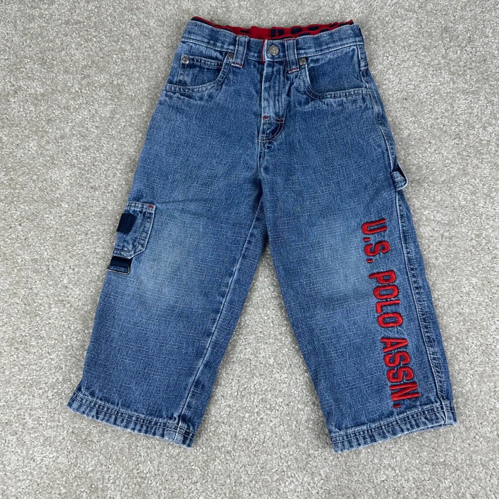 US Polo Assn Boys Carpenter Jeans Size 4 Blue Denim Utility Cargo Pants Y2K